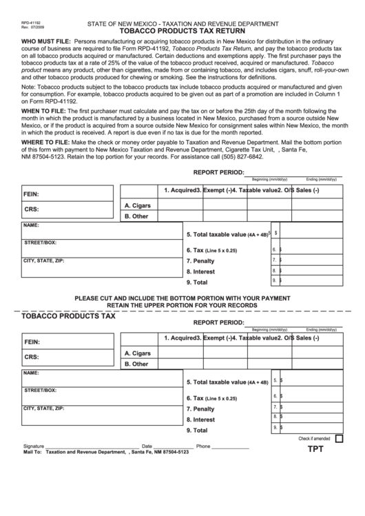 Form Rpd-41192 - Tobacco Products Tax Return Printable pdf