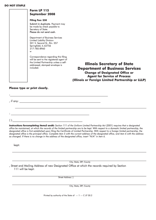 Fillable Form Lp 115 - Change Of Designated Office Or Agent For Service Of Process - 2008 Printable pdf