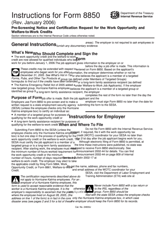 Instructions For Form 8850 - 2006 Printable pdf