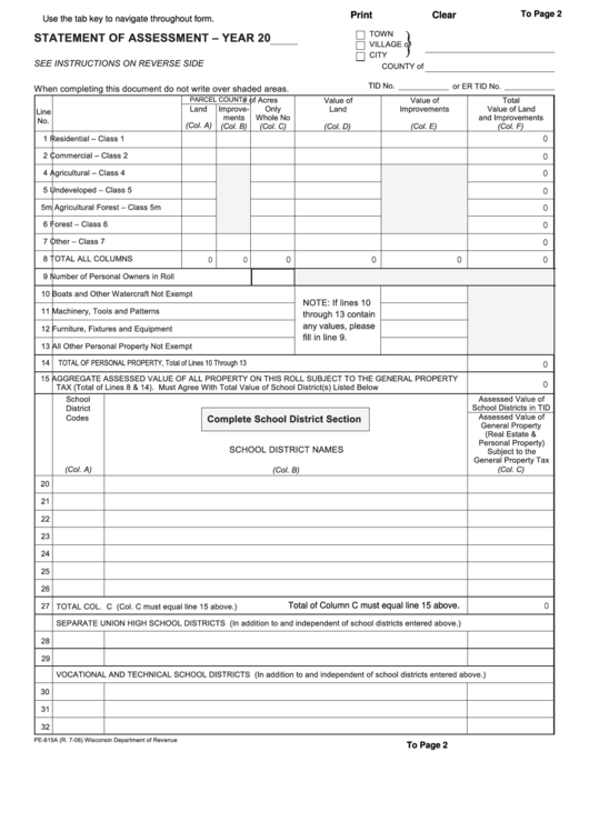 Fillable Form Pe-615a - Statement Of Assessment Printable pdf