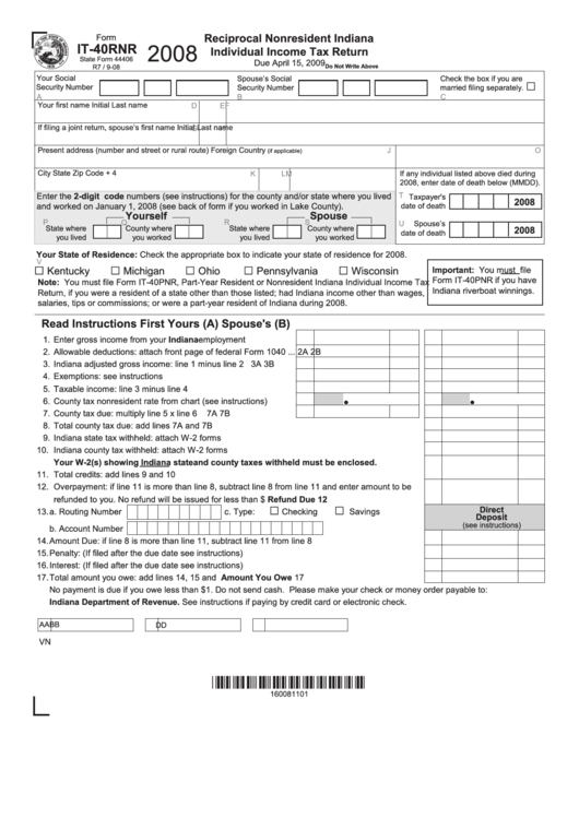 Form It-40rnr - Reciprocal Nonresident Indiana Individual Income Tax Return - 2008 Printable pdf