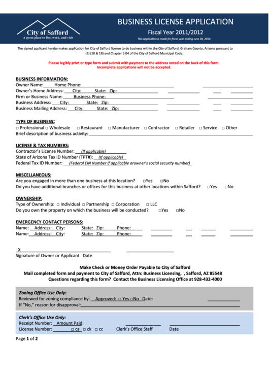 Business License Application - City Of Safford Clerk