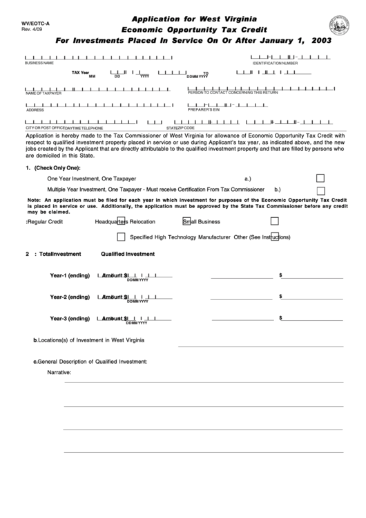 Form Wv/eotc-A - Application For West Virginia Economic Opportunity Tax Credit For Investments Placed In Service On Or After January 1, 2003 Printable pdf