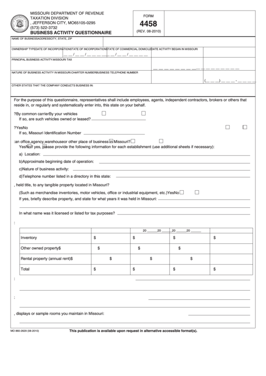 Fillable Form 4458 - Business Activity Questionnaire Printable pdf