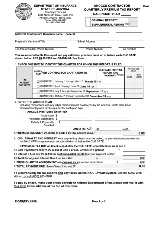 Fillable Form E-Qtr - Ahcccs Contractor Quarterly Premium Tax Report Printable pdf