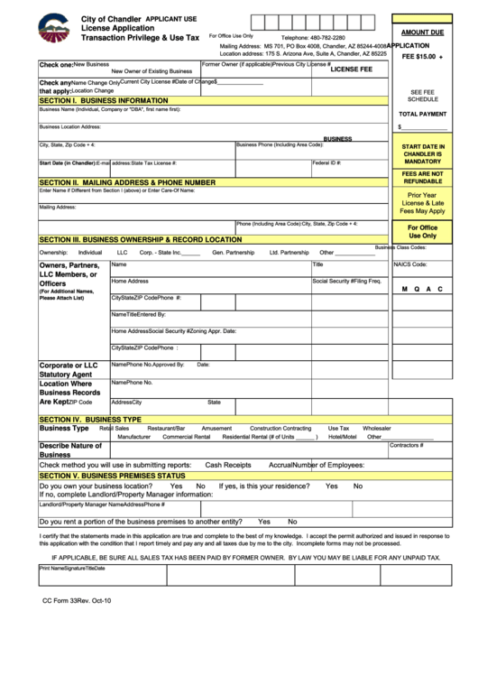 Cc Form 33 - License Application For Transaction Privilege & Use Tax - 2009 Printable pdf