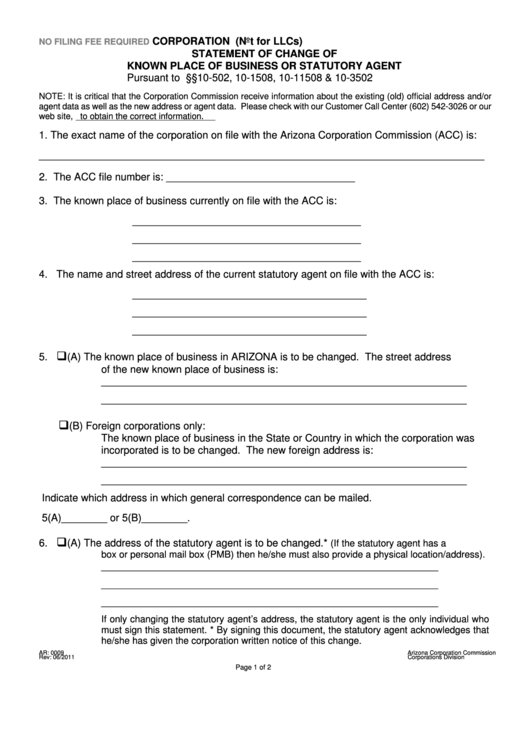 Form Ar: 0009 - Corporation (Not For Llcs) Statement Of Change Of Known Place Of Business Or Statutory Agent Printable pdf