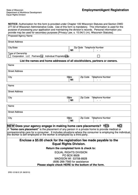 Form Erd-12192-E - Employment Agent Registration Printable pdf