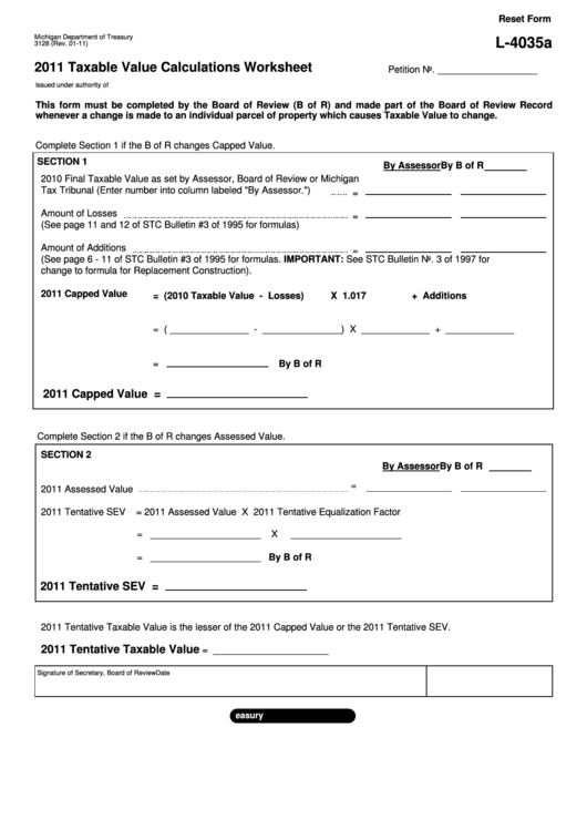 Fillable Form L-4035a - 2011 Taxable Value Calculations Worksheet Printable pdf