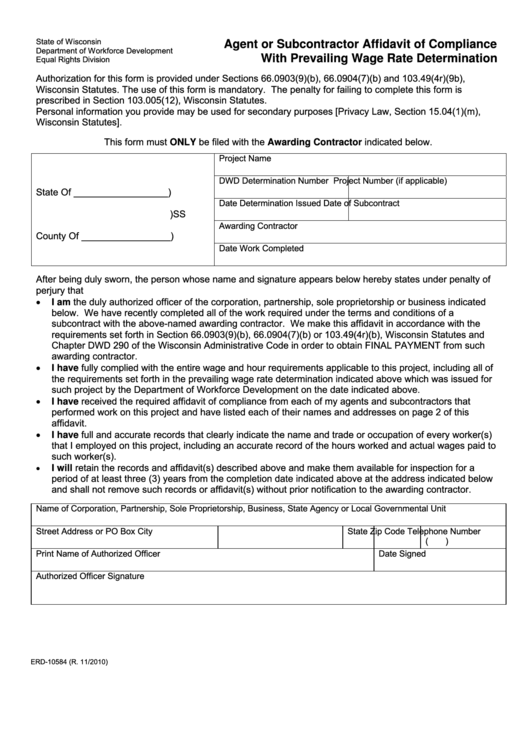 Form Erd-10584 - Agent Or Subcontractor Affidavit Of Compliance With Prevailing Wage Determination Printable pdf