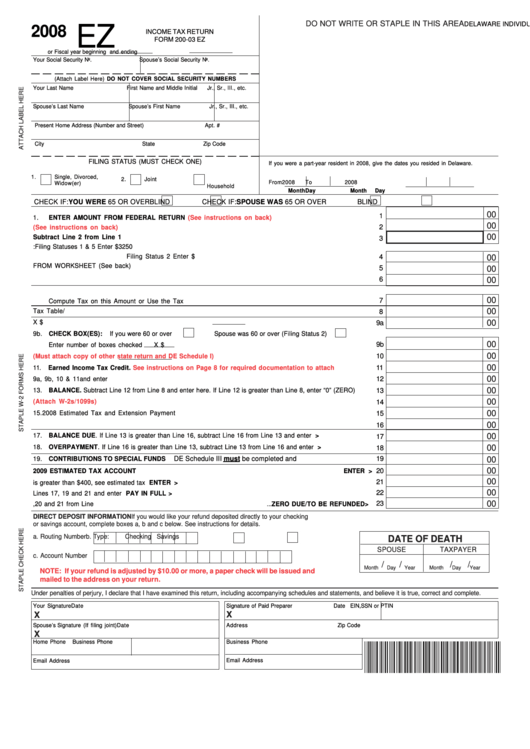 Fillable Form 200-03 Ez - Delaware Individual Income Tax Return - 2008 Printable pdf