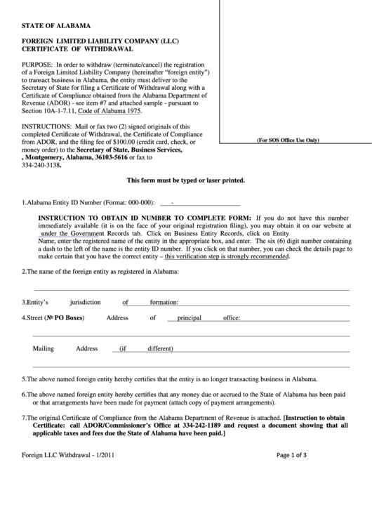Foreign Limited Liability Company (Llc) Certificate Of Withdrawal - Alabama Secretary Of State Printable pdf