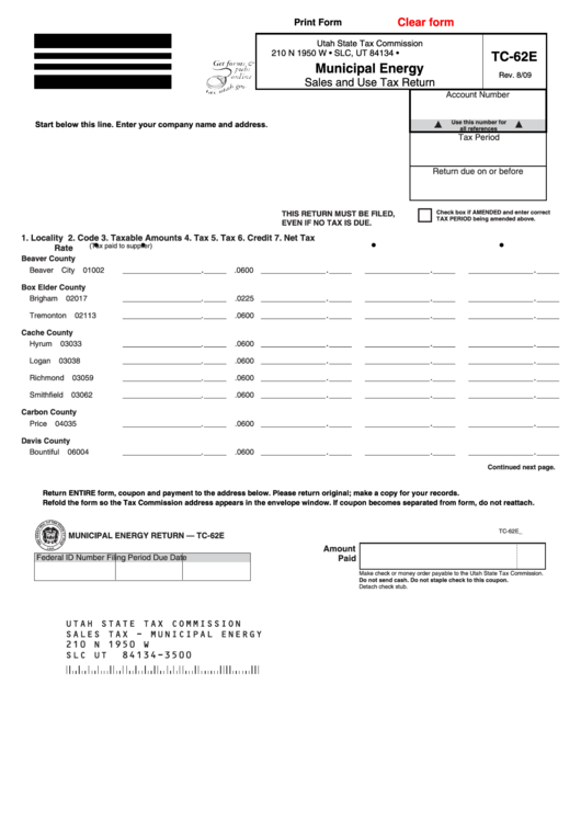 Fillable Form Tc-62e - Municipal Energy Sales And Use Tax Return Printable pdf