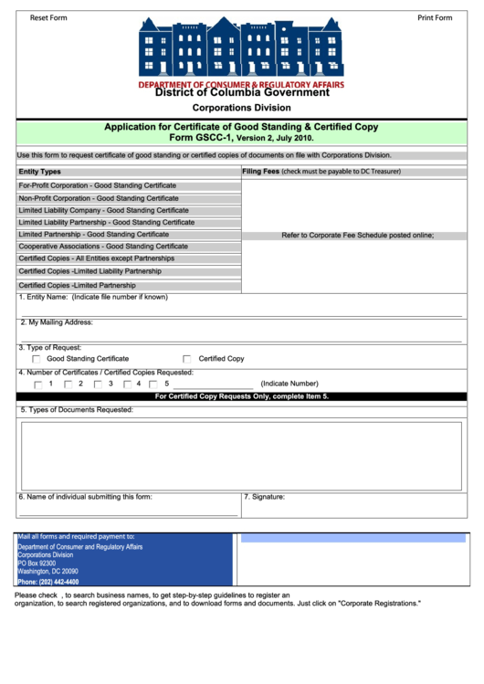 Fillable Form Gscc-1 - Application For Certificate Of Good Standing & Certified Copy Printable pdf