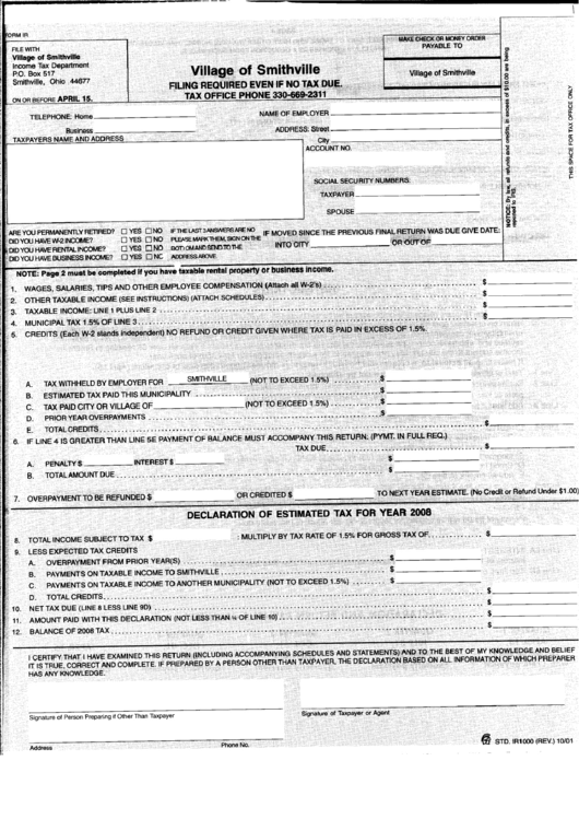 Form Ir - Income Tax Return For Individuals - Village Of Smithville Printable pdf