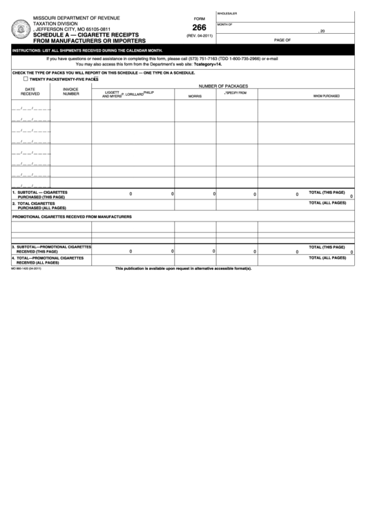 Fillable Form 266 Schedule A - Cigarette Receipts From Manufacturers Or Importers Printable pdf