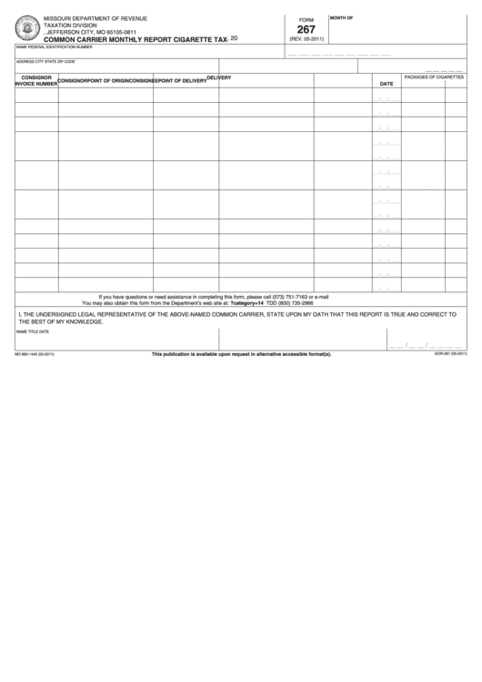 Fillable Form 267 - Common Carrier Monthly Report Cigarette Tax Printable pdf