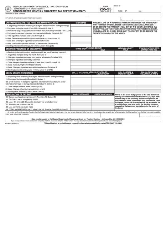 Fillable Form 265-25 - Consolidated Monthly Cigarette Tax Report (25s Only) Printable pdf