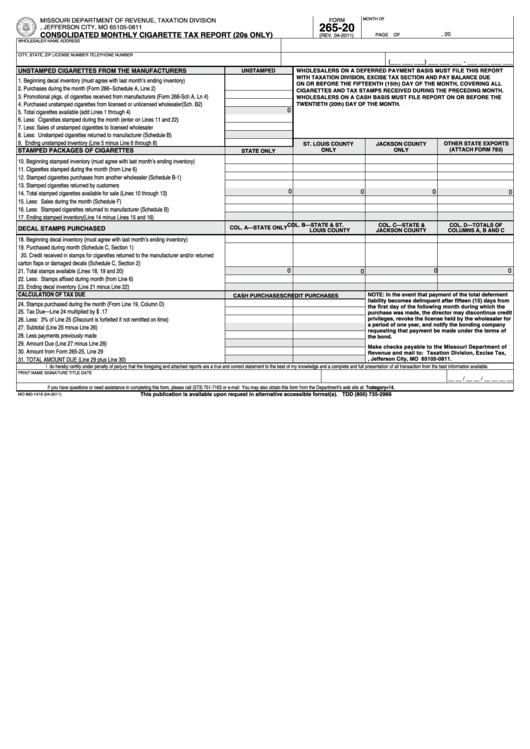 Fillable Form 265-20 - Consolidated Monthly Cigarette Tax Report (20s Only) Printable pdf