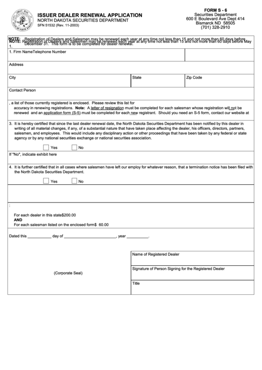 Form Sfn 51532 - Issuer Dealer Renewal Application Printable pdf