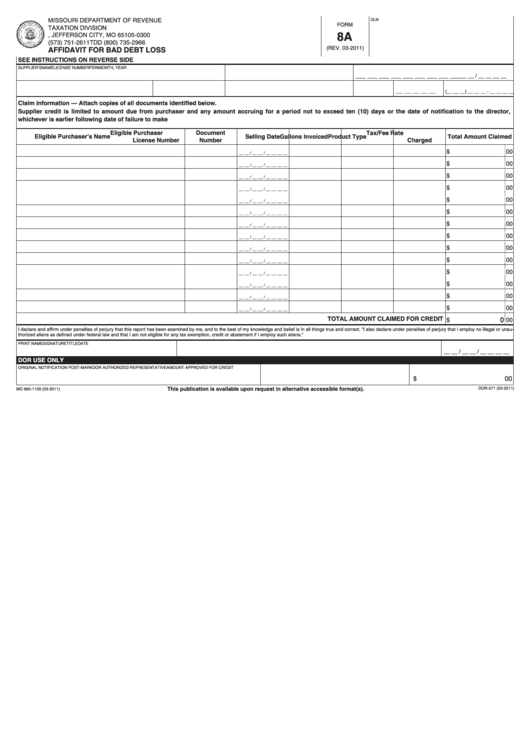 Fillable Form 8a - Affidavit For Bad Debt Loss Printable pdf