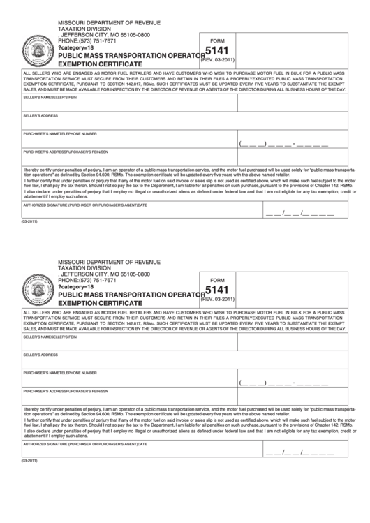 Fillable Form 5141 - Public Mass Transportation Operator Exemption Certificate Printable pdf