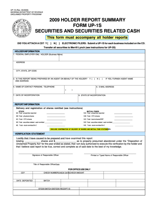 Fillable Form Up-1s - Holder Report Summary - Securities And Securities Related Cash - 2009 Printable pdf