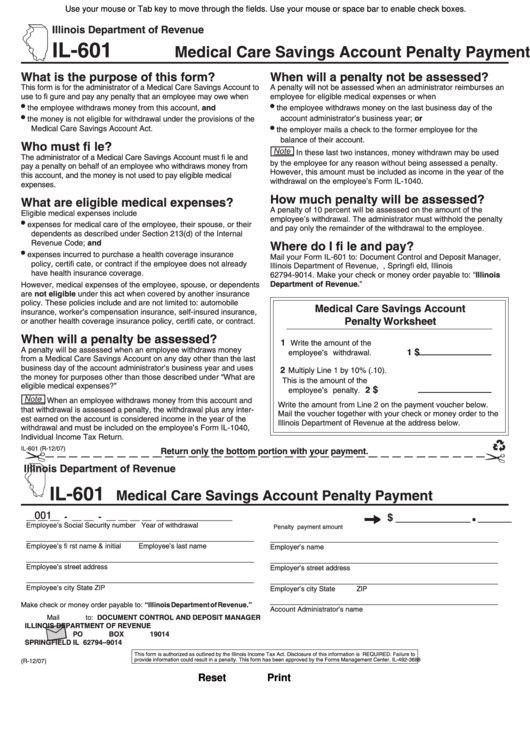 Fillable Form Il-601 - Medical Care Savings Account Penalty Payment Printable pdf