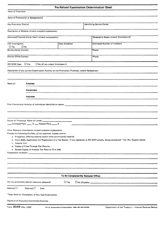 Form 8349 - Pre-Refund Examination Determination Sheet Printable pdf