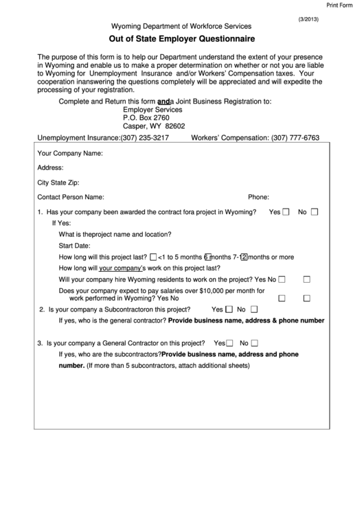 Fillable Out Of State Employer Questionnaire Form Printable pdf
