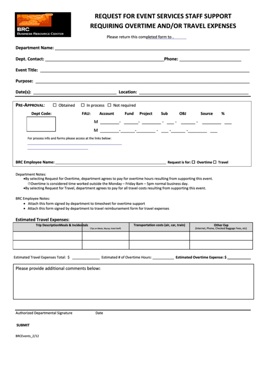 Fillable Form Brcevents_2/12 - Request For Event Service Staff Support Requiring Overtime And/or Travel Expenses Printable pdf