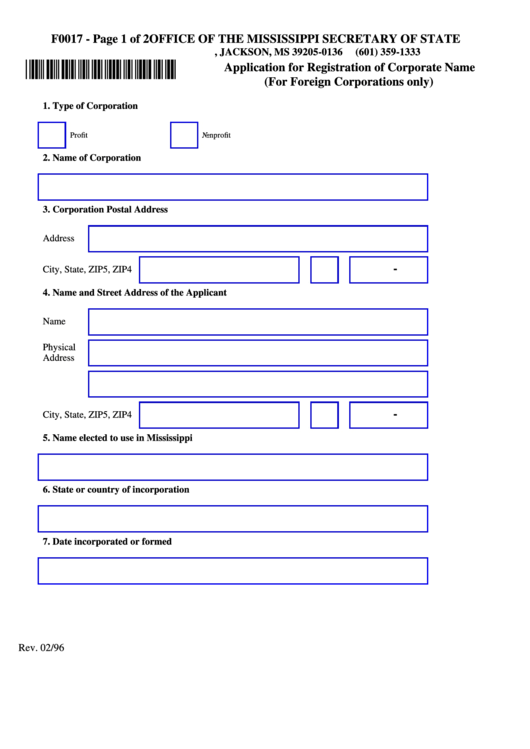 Fillable Form F0017 - Application For Registration Of Corporate Name (Foreign Corporations) Printable pdf