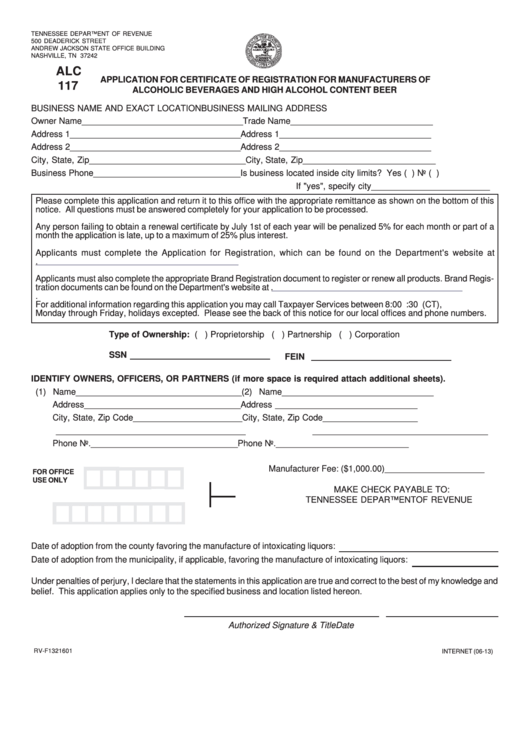 Form Alc 117 - Application For Certificate Of Registration For Manufacturers Of Alcoholic Beverages And High Alcohol Content Beer Printable pdf