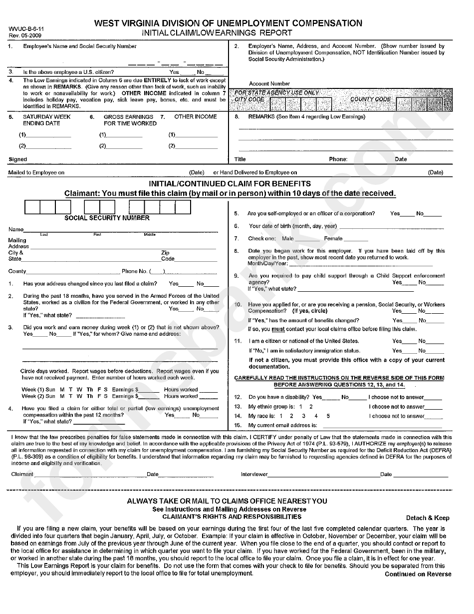 Form Wvuc-B-6-11 - Initial Claim/lowe Earning Report