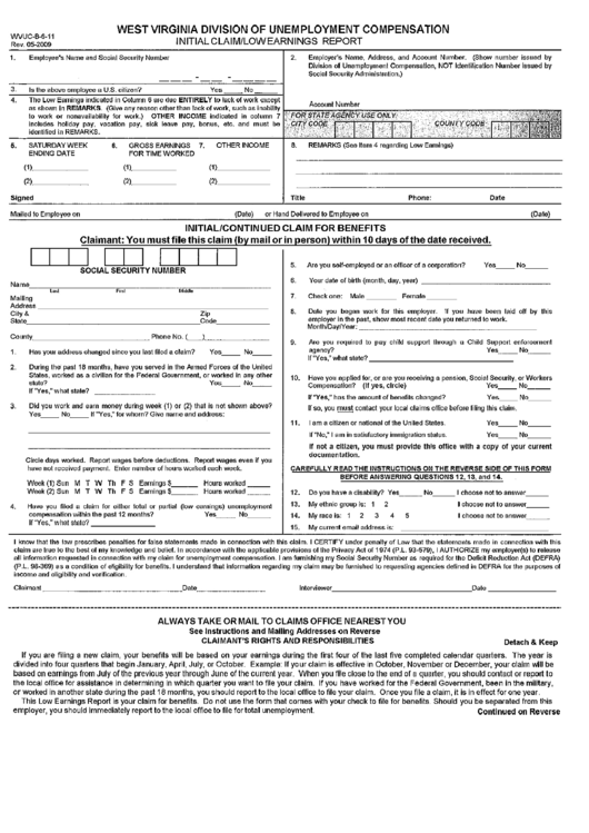 Form Wvuc-B-6-11 - Initial Claim/lowe Earning Report Printable pdf