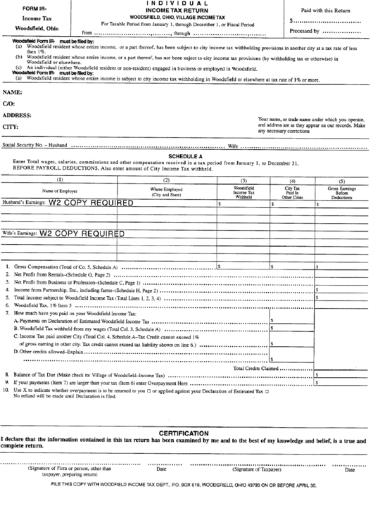 Form Ir - Individual Income Tax Return - Woodsfield Printable pdf