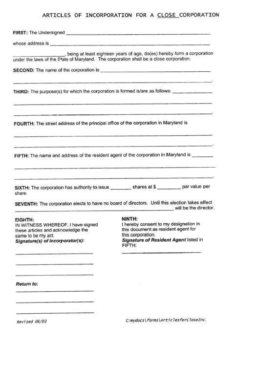 Form For Articles Of Incorporation For A Close Corporation Printable pdf