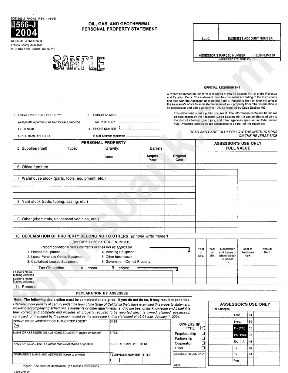 Form 566-J - Oil, Gas, And Geotermal Personal Property Statement - 2004