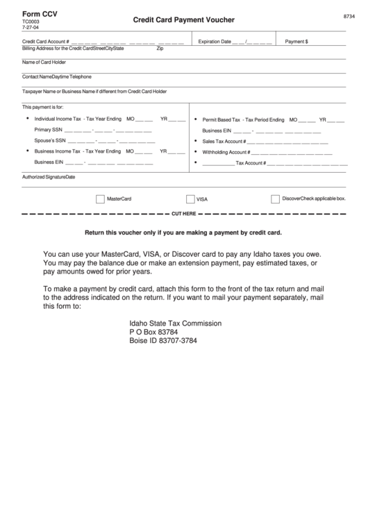 Form Ccv - Credit Card Payment Voucher - Idaho Printable pdf
