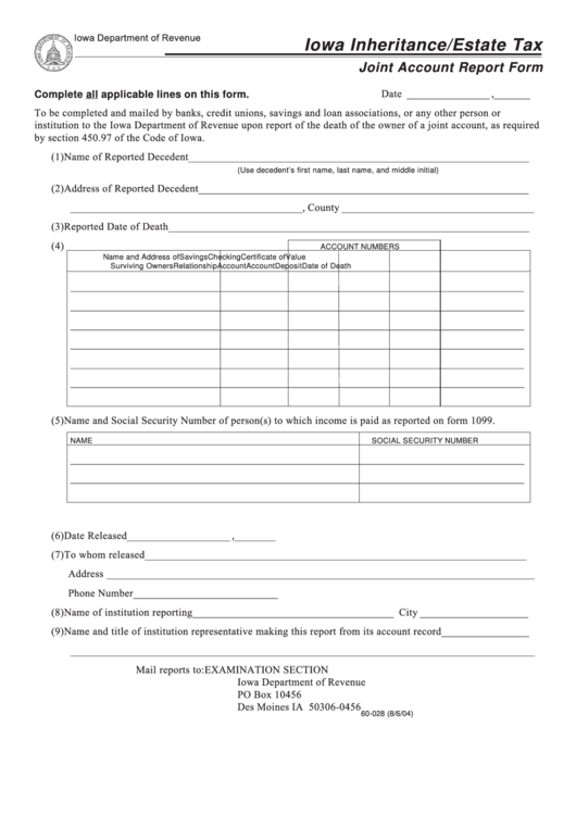 Form 60-028 Estate Tax Joint Account Report Form 2004 Printable pdf