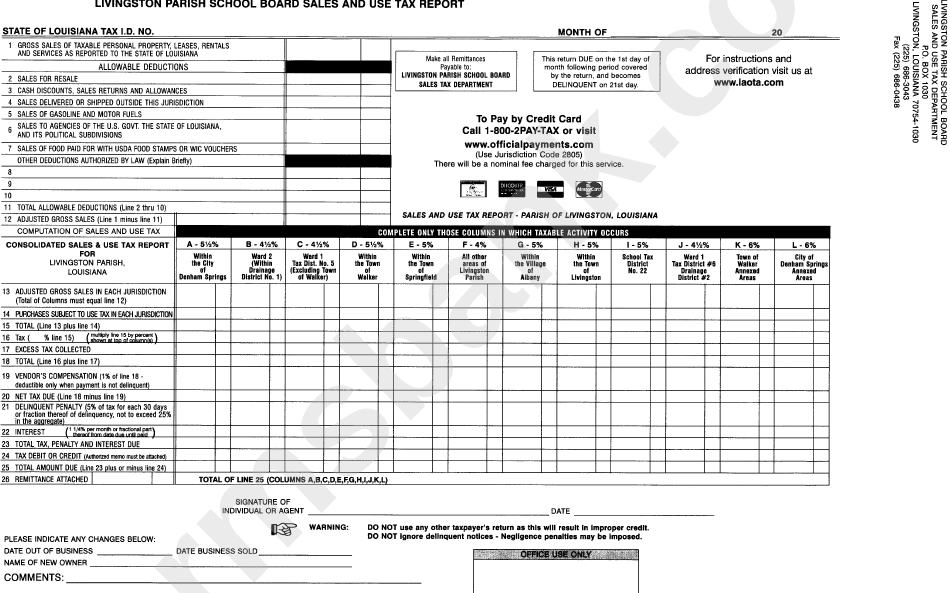 Sales And Use Tax Report Form - Livingston Parish