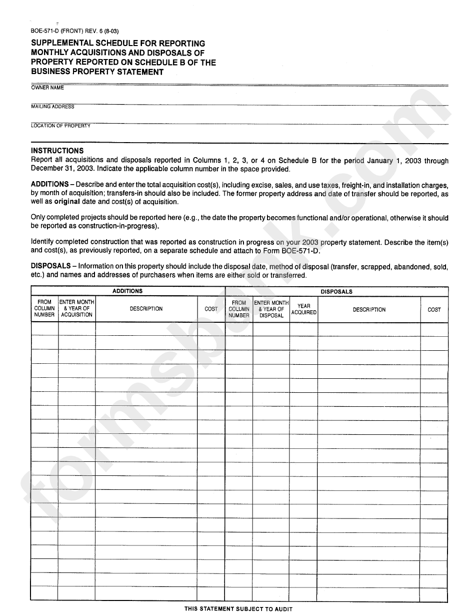Form Boe-571-D - Supplemental Shedule For Reporting Monthly Acquisitions And Disposals Of Property - 2003