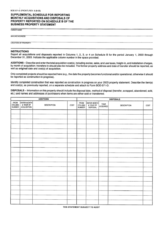 Form Boe-571-D - Supplemental Shedule For Reporting Monthly Acquisitions And Disposals Of Property - 2003 Printable pdf