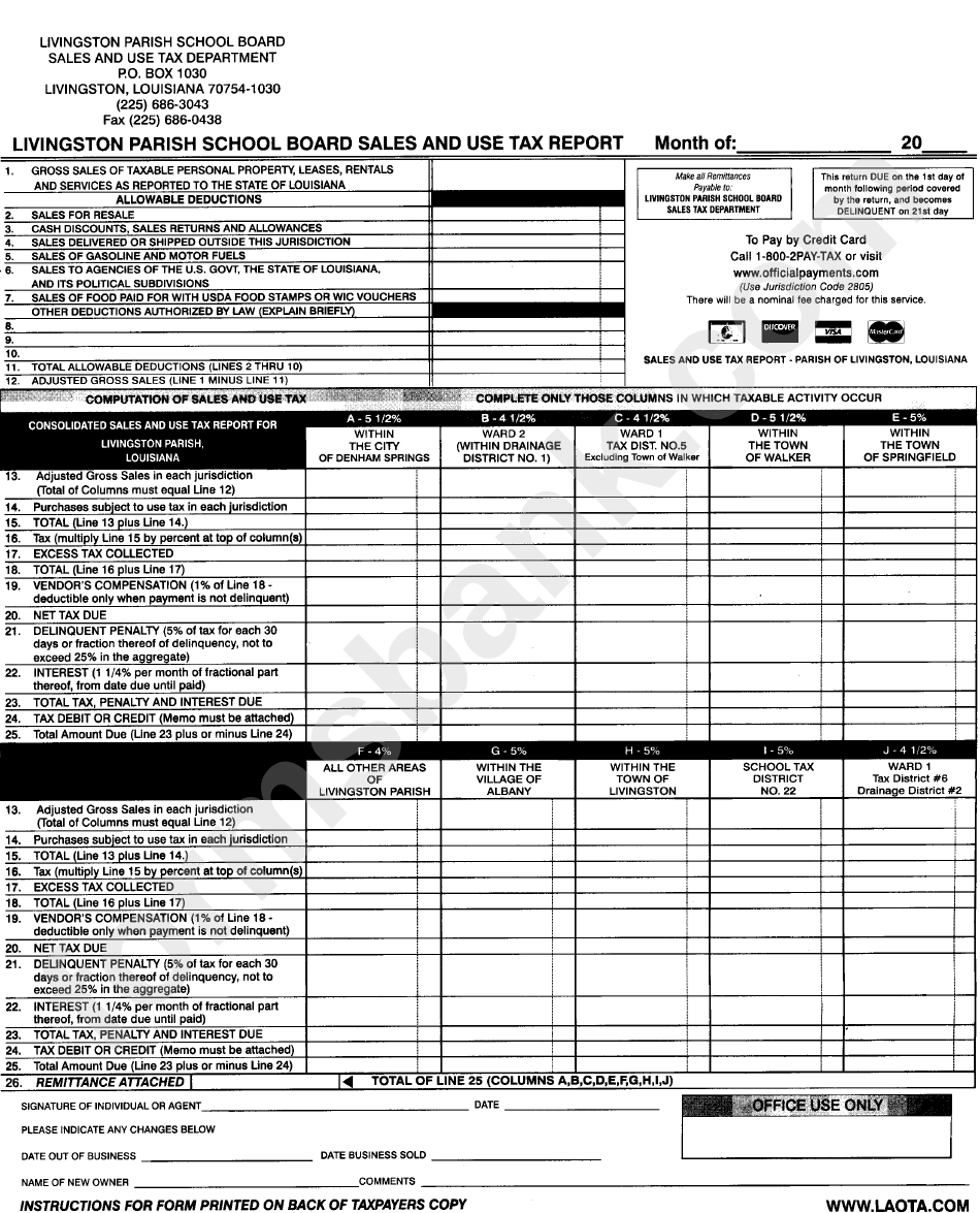 Sales And Use Tax Report Form - Livingston Parish