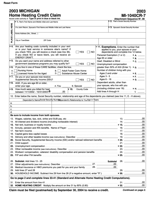 Fillable Form Mi-1040cr-7 - Home Heating Credit Claim - 2003 Printable pdf