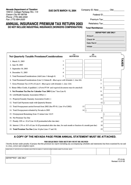 Form Pt-01(A) - Annual Insurance Premium Tax Return - 2003 Printable pdf