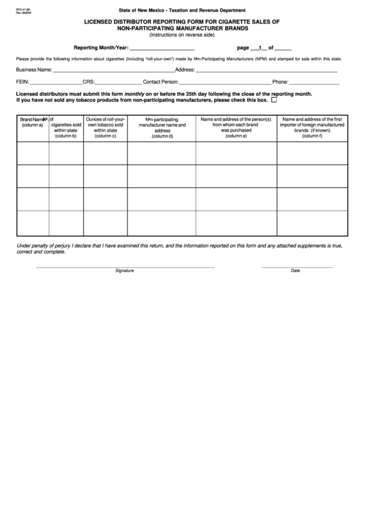 Form Rpd 41188 - Licensed Distributor Reporting Form For Cigarette Sales Of Non-Participating Manufacturer Brands Printable pdf