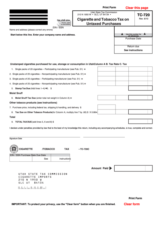 Fillable Form Tc-720 - Cigarette And Tobacco Tax On Untaxed Purchases/tc-720a, Schedule A - Cigarette Revenue Stamp Calculation Worksheet Printable pdf