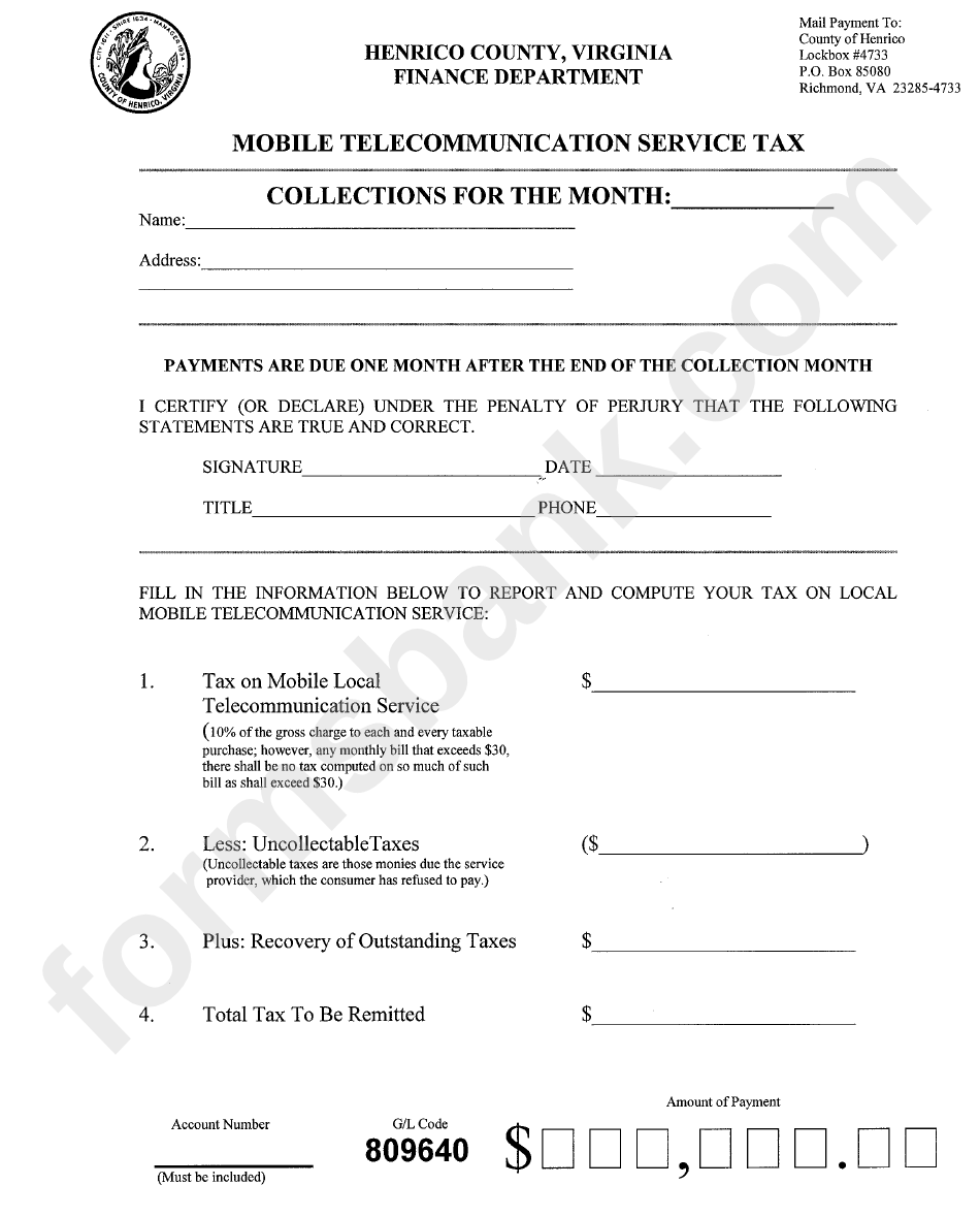 Mobile Telecommunication Service Tax Form - Henrico County