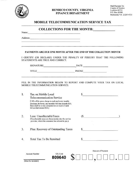 Mobile Telecommunication Service Tax Form - Henrico County Printable pdf
